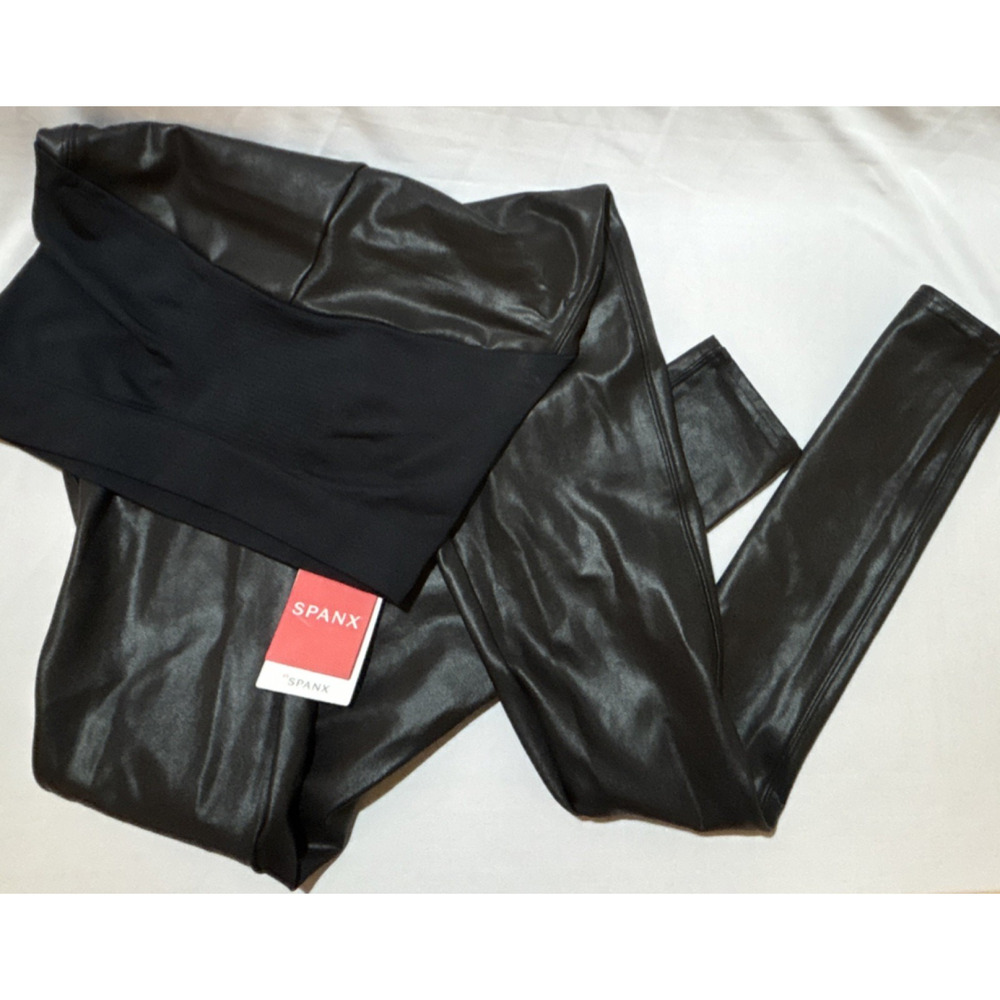 Spanx Mama Faux Leather Maternity Leggings Very Black S/P Ankle High Rise NWT